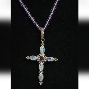 Necklace Amethyst Moonstone Cross Crucifix Amethyst Bead Sterling Chain LHC 925